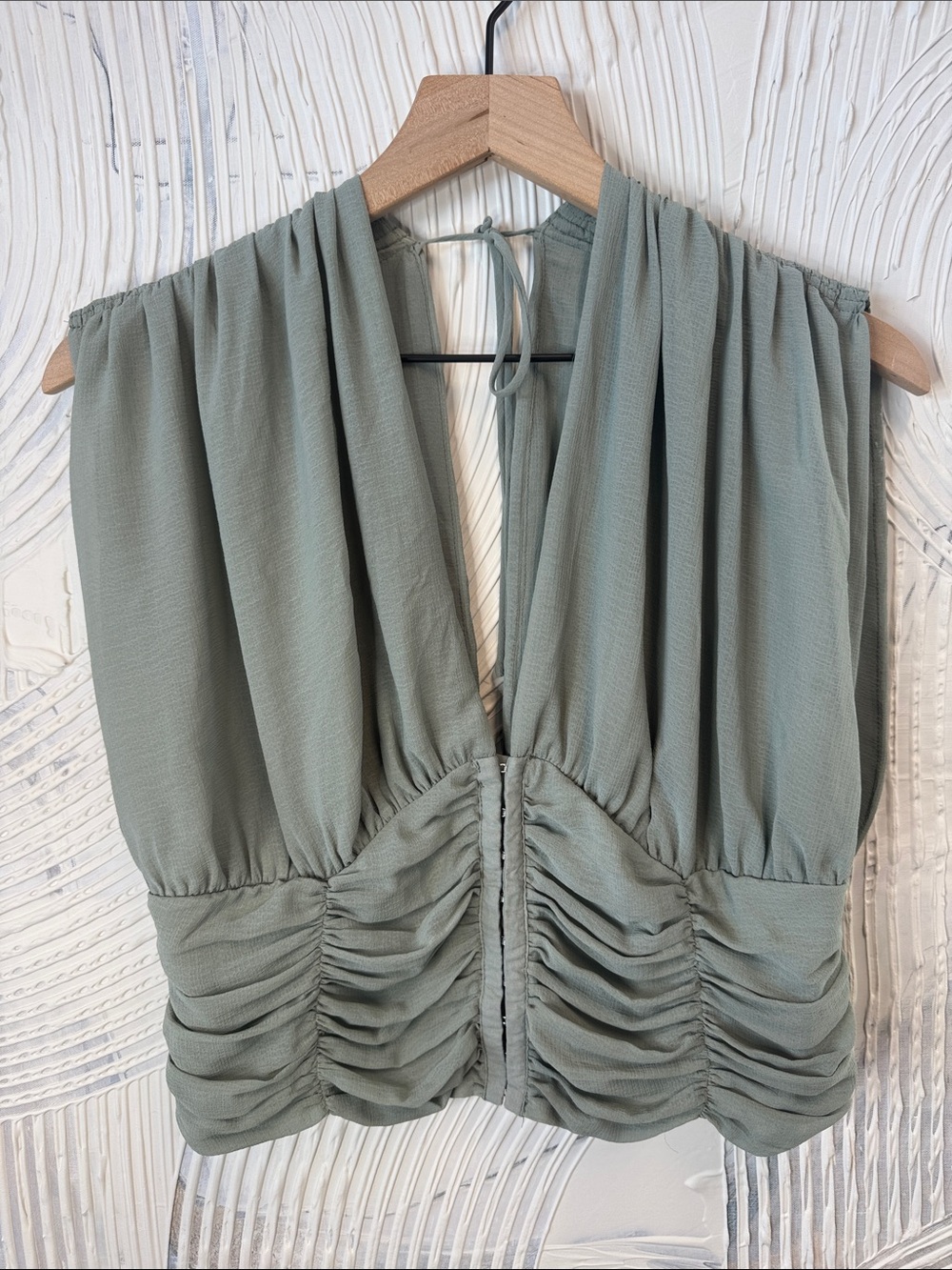 Free People Sage Green Ruched V-Neck Blouse N0543